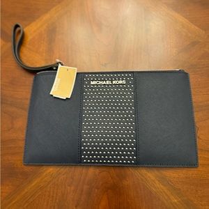 Michael Kors Micro Stud leather JST LG Zip Clutch - Navy